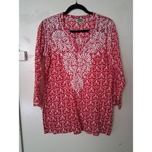 Dolma Womens Red White Block Print Embroidered Cotton Tunic Top Size S Boho